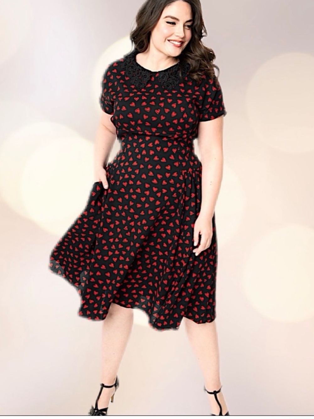 Unique Vintage Margie 1940s Heart Print Midi Dress Black Red Lace Collar 2X - Picture 2 of 9